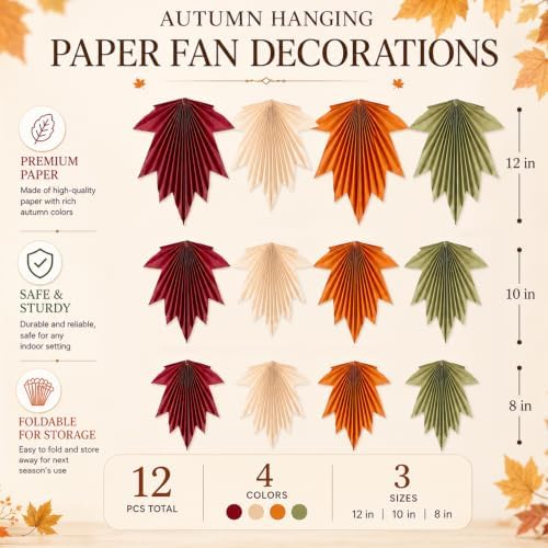 Whaline 12 Pcs Fall Party Fan Decorations Maple Leaves Hanging Paper Fans Autumn Color Hanging Ornament for Thanksgiving Birthday Baby Shower Holiday Party Supplies - Image 2