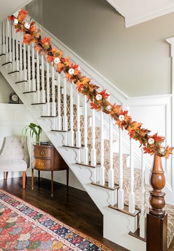 DearHouse 6ft Pumpkin Fall Maple Leaves Garland - Artificial Autumn Foliage Hanging Vine for Thanksgiving, Home, Wedding, Fireplace, Party, Christmas Decor (Orange & Brown) - Image 3