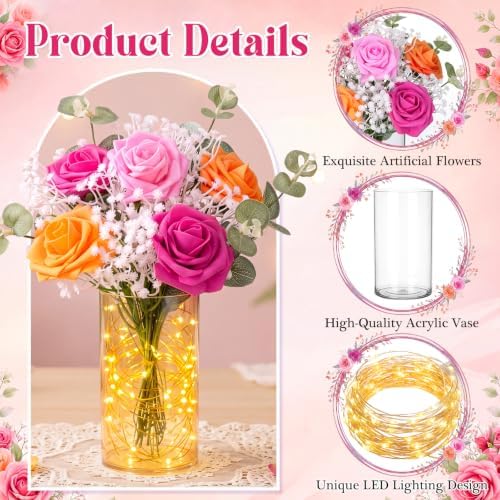 Domensi Set of 6 LED Lighted Floral Table Centerpieces, Faux Roses, Eucalyptus & Baby's Breath in Acrylic Vase, Glowing Rustic Wedding Decor for Bridal Shower & Dining Table (Rose Red, Pink, Orange) - Image 3