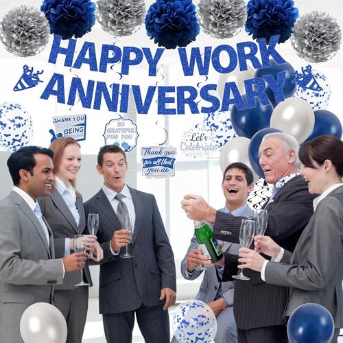 Happy Work Anniversary Decorations Banner, Blue Silver Work Anniversary Set - Image 6