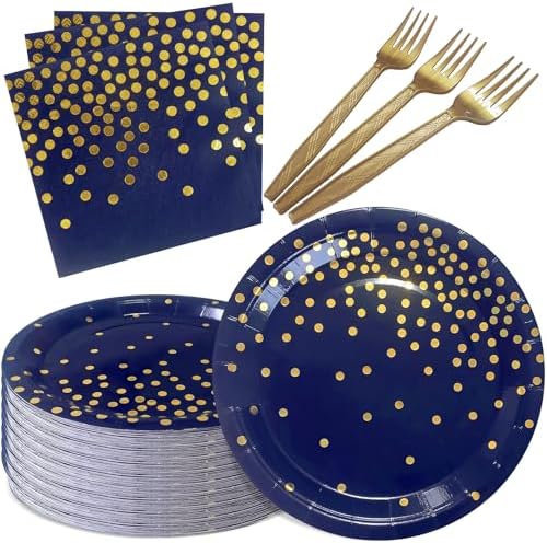 Serve 35 Guests Navy Blue and Gold Paper Plates and Napkins Party Supplies by WXLDGHQ