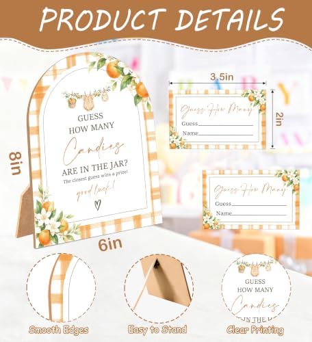 A Little Cutie Baby Shower Games, Orange Guess How Many Candies Are In The Jar, 6x8 Inch Arch Wooden Sign With Stand And 50 Guessing Cards, Gender Reveal Party Supplies & Decorations - JC09 - Image 2