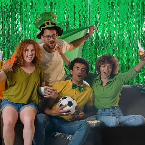 2 Pack Green Tinsel Foil Curtain Wavy Backdrop Birthday Party Decorations - Image 5