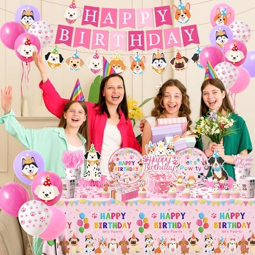 Dog Birthday Party Decorations Include Lets Pawty Plates Napkins Pink Puppy Tablecloth Banner Balloons Cupcake Toppers Tableware Set for Girls Puppy Birthday, Dog Party Decorations Serves 24 - Image 2