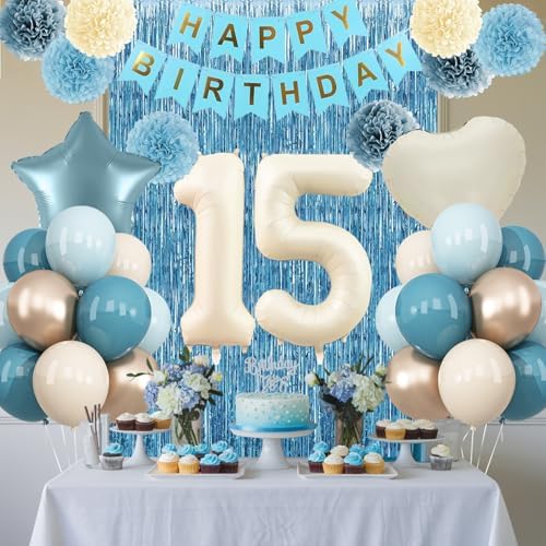 Dusty Blue 15th Birthday Party Decorations Boys Beige Number 15 Balloon - Image 2