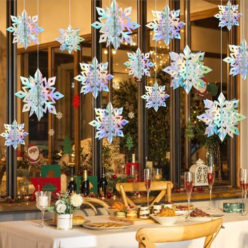 Paper Christmas Snowflake Hanging Decorations Indoor, Iridescent, 15Pcs - Image 2