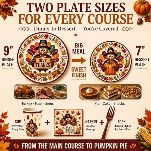 Thanksgiving Party Supplies for 24 Guests, Turkey Disposable Dinnerware Set with Dinner Plates, Dessert Plates, Cups, Napkins, Forks & Tablecloth, Give Thanks Fall Decorations for Thanksgiving Dinner - Image 3