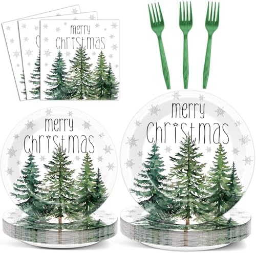 96Pcs Christmas Paper Plates and Napkins for Merry Christmas Watercolor Cedar Snowflake Party Supplies Xmas Pine Trees Party Tableware Set for 24 Guests Holiday Winter Xmas Party Decorations by CHUNNIN