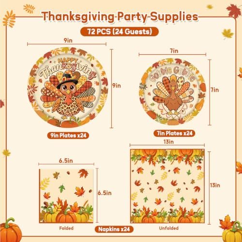 72PCS Thanksgiving Party Plates and Napkins, Fall Turkey Party Supplies - Image 2