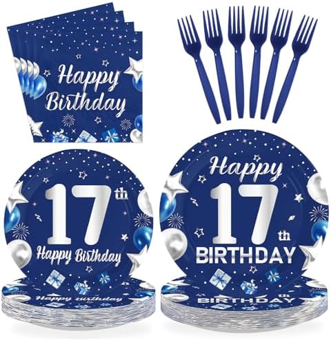 96Pcs Navy Blue Silver 17th Birthday Decorations, Serves 24 by Greencian