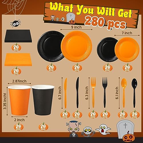 Dandat 280pcs Halloween Disposable Tableware Set, Black Orange - Image 2