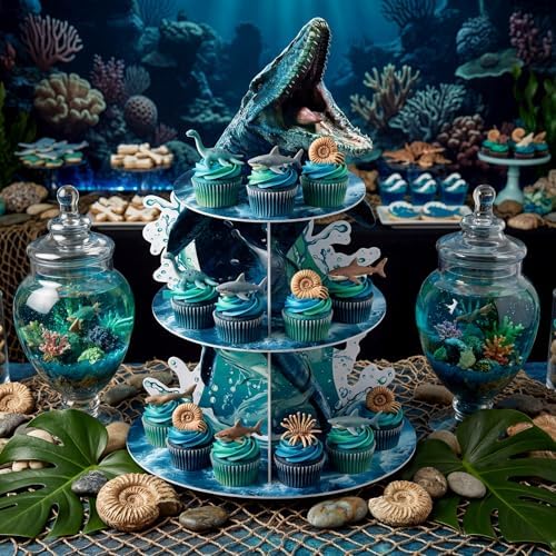 3 Tier Dinosaur Party Decoration Mosasaurus Dinosaur Cupcake Stand - Image 5