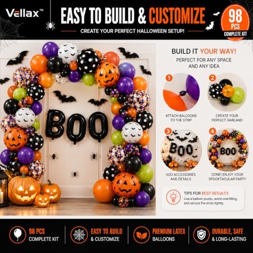Vellax Halloween Balloon Garland Kit, 98 Pcs with BOO, Bat & Pumpkin - Image 3