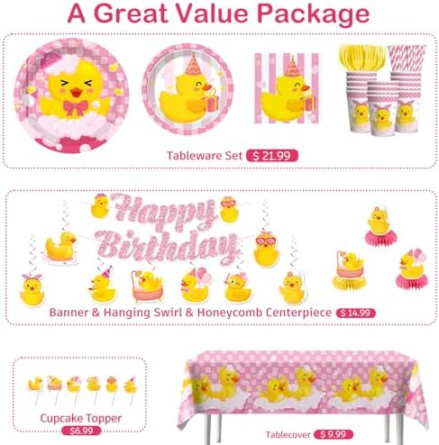 Xynic 215Pcs Pink Duck Birthday Decorations Tableware Set, Serves 25 - Image 3