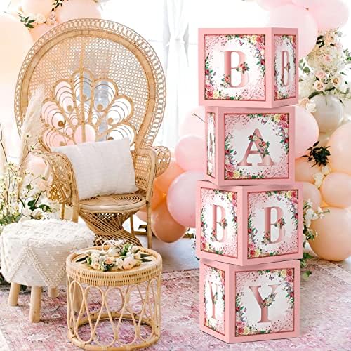 Floral Pink Baby Shower Boxes, 4 Pcs Baby Blocks with Letters - Image 6