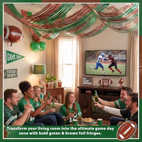 Breling 4 Pcs Green Brown Ceiling Fringe Curtains, Football Foil Drapes - Image 6