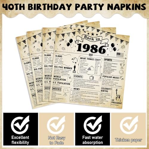 CHUNNIN 96Pcs 40th Birthday Plates and Napkins Back in 1986 Party Decorations Vintage 40 Year Old Party Dessert Plates 1986 Birthday Tableware for 24 Guests 40th Theme Men Woman Bday Parties Supplies - Image 4