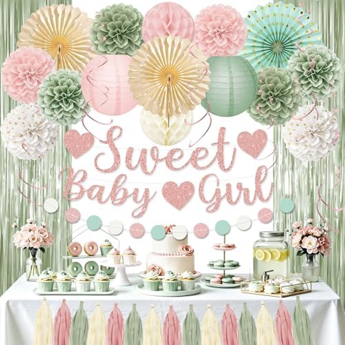 Sage Green and Pink Baby Shower Decorations with Banner Fringe Curtains by Unknown