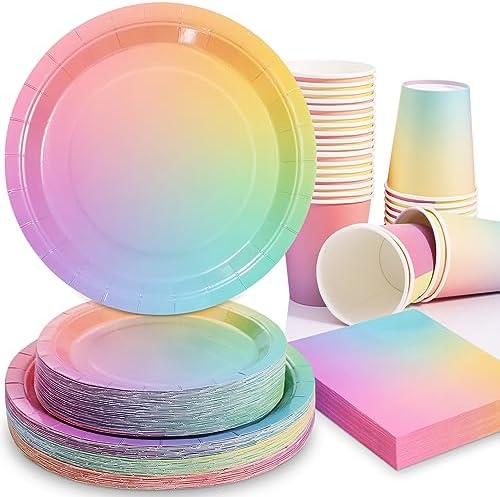 Rainbow Birthday Decorations for Girls, Pastel Rainbow Plates and Napkins 200Pcs, Girl Birthday Plates and Napkins, Easter Mother's Day Hawaiian Luau Colorful Pride Month, Serves 50 by Gudvilla