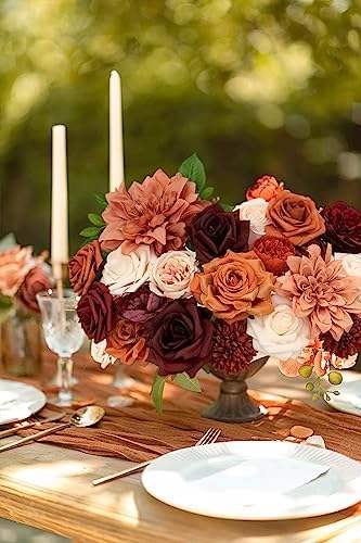 FACINOC Roses Artificial Flowers Orange Bouquet Fake Flower Dahlia Box Set - Image 3
