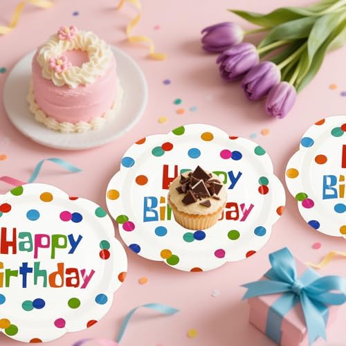 50 PCS Happy Birthday Paper Plates 7inch, Colorful Polka Dot Disposable Scalloped Cake Dessert Plates Party Supplies for Birthday Party Decorations - Image 4