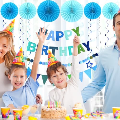CANREVEL 17 PCS Pre-Strung 3D Blue Happy Birthday Banner, Blue Streamers - Image 4