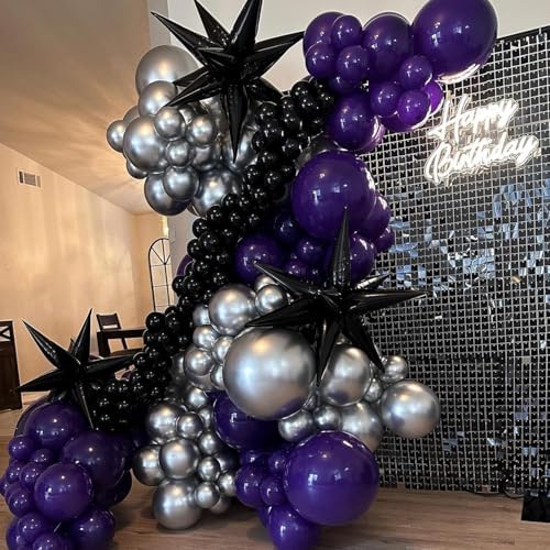 Purple and Black Balloon Arch Kit, 132Pcs Explosion Star Metallic Silver Purple Black Confetti Balloon Garland kit Different Size Balloons for Halloween Graduation Birthday Party Decorations - Image 3