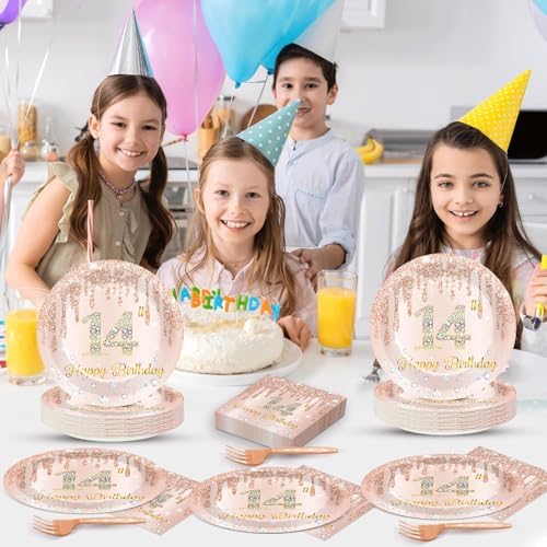 96 Pcs Rose Gold 14th Birthday Party Plates and Napkins for Girls Rose Gold Party Supplies Pink Happy 14 Years Birthday Party Tableware Set for 24 Guests Party Decorations - Image 5