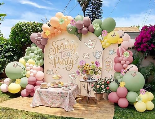 Pastel Pink Yellow Green Balloon Arch with Artificial Flower Double Stuffed Dusty Green Pink Peach Mauve Balloon Garland Kit for Tea Party Wildflower Spring Birthday Baby Shower Fairy Party Decor - Image 6