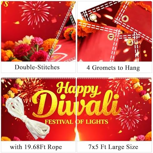 Diwali Backdrop Decorations 7x5ft Happy Diwali Banner Deepavali Festival of Lights Diyas for Home Party Supplies Photography Background Indoor Outdoor with19.68ft Ribbon - Image 3