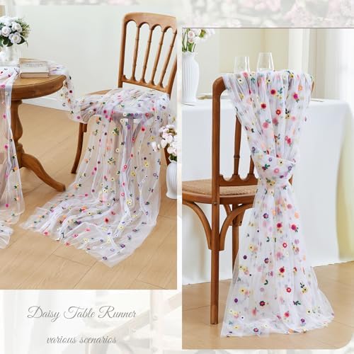 JIALE Ivory Floral Table Runner, Embroidery Daisy Seasonal Table Decorations, 120Inch 10FT 1PC Tulle Fabric for Home Decor, Bridal Shower Wedding, Baby Shower Parties, DIY Craft - Image 6