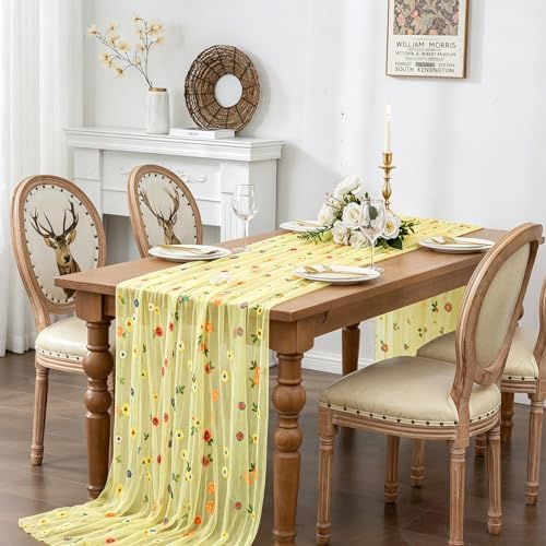 BINBE 1pcs Daisy Spring Table Runner Embroidery Gauze 10FT Florals Seasonal Tulle Holiday Birthday Kitchen Dining Table Decor for Home Party Yellow - Image 3