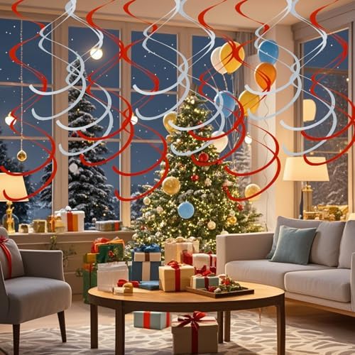 Colorful Ceiling Swirl Foil Decorations Hanging Plastic Streamer Themed Swirl Party for Christmas Graduation Celebration, Pack of 28 (Red and Sliver) - Image 6