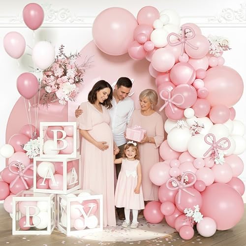 170Pcs Coquette Pink Bow Baby Shower Decorations for Girl - Soft Pink Balloon Arch Garland Kit with 4 Baby Boxes - DIY Long Balloons for Bows, Princess Birthday Party Supplies, Gender Reveal - Image 6