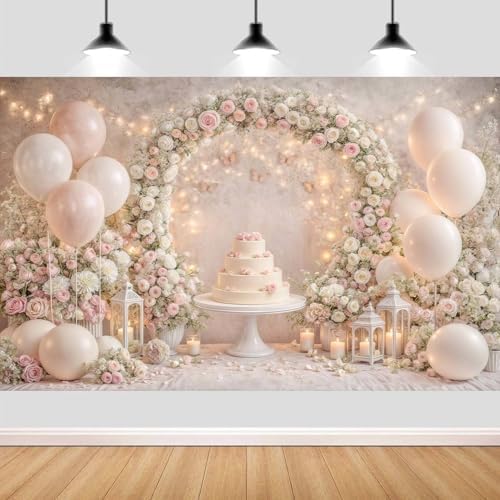 9X6ft Pink White Floral Backdrop Boho Arch Scene Birthday Balloons Photography Background Romantic Wedding Bridal Shower Kids Birthday Baby Shower Party Portrait Cake Photo Booth Studio Props by NYMB
