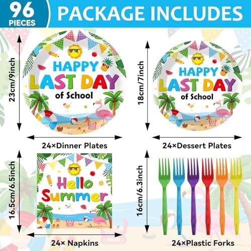 96 Pcs Happy Last Day of School Paper Party Plates and Napkins for Summer Tropical Beach Pool Supplies Summer End of School Year Dessert Tableware Set for 24 Guests Birthday Party Decorations - Image 2