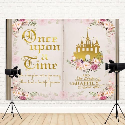 10x5ft Once Upon a Time Backdrop Pink Flower Gold Castle Photography Background Fairy Tale Books Floral Princess Girls Birthday Banner Decorations Fairytale Wedding Portrait Photo Booth Prop - Image 4