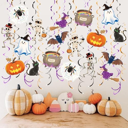 Halloween Hanging Party Decorations, 48 Pcs,Ceiling Decor Indoor Swirl Witches Cauldron Ghost Pumpkin Skull Cat Witch Party Supplies Sign,Black Purple Orange - Image 7