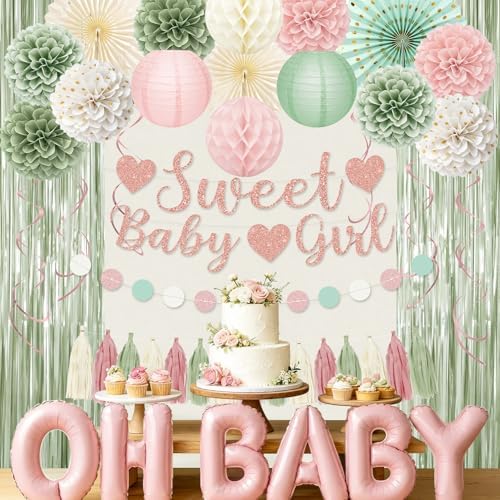 Sage Green and Pink Baby Shower Decorations with Banner Fringe Curtains - Image 7