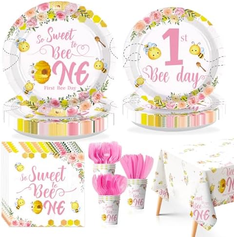 170 Pcs First Bee Day Pink Birthday Party Decorations, Serves 24 by Greencian