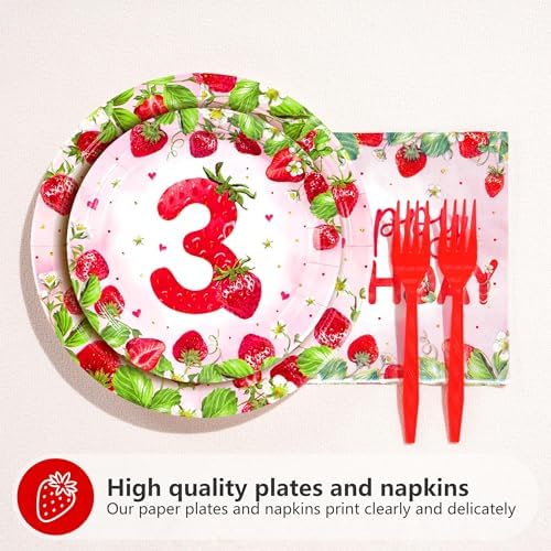 Grencian 96Pcs Strawberry 3rd Birthday Party Supplies Serves 24 - Image 2