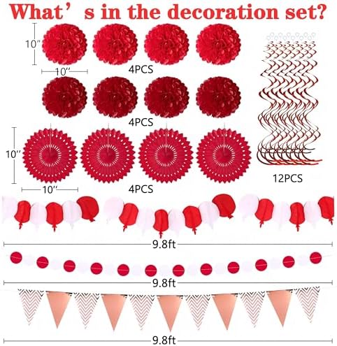 Moon Boat 35PCS Party Decorations Paper Fan Hanging Set - Birthday,Wedding,Baby Shower,Circus,Festival Decor (Red) - Image 4