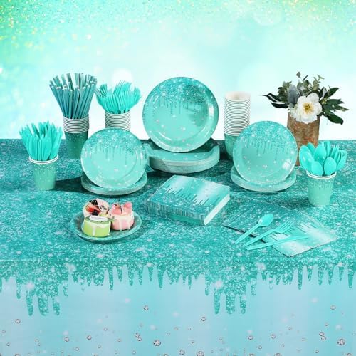 Funnymoom 452 Pcs Teal Glitter Party Decoration Supplies Serve 50 Guests - Image 6