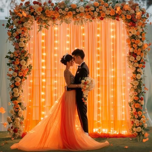 Orange Tulle Backdrop Curtain with Lights String for Parites 10x8ft Sheer Backdrop Curtains Drapes for Birthday Party Baby Shower Wedding Ceremony Prom Halloween Photo Booth Background Decorations - Image 6