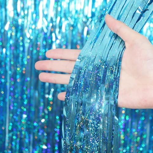 Voircoloria Light Blue Foil Fringe Backdrop Curtains, 3.3x6.6ft, 6pcs - Image 2