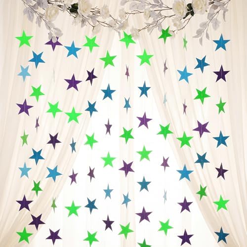 Patelai Glitter Star Garland Banner Christmas Decor 130 Feet Star Hanging Banner Twinkle Backdrop for Homecoming Classroom Wedding Birthday Halloween Party Supplies (Dark Purple, Fluorescent, Green) - Image 3