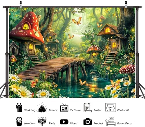 Spring Enchanted Forest Backdrop Green Fairy Tale Mushroom House Wonderland Jungle Photography Background Baby Shower Birthday Party Decorations Banner Photo Booth Props 12X10FT - Image 6