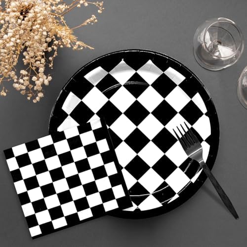 96 Pieces Racing Theme Party Supplies - Black and White Checkered Pattern Disposable Tableware with Paper Plates, Napkins, Forks for Race Car Dirt Bike Birthday Decorations, Sports Events Celebrations - Image 4