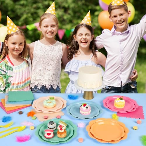 350 Pcs Colorful Party Plates and Napkins Party Supplies Serves 50 Guests Include Candy Colors Scalloped Plate Napkin Cup & Cutlery for Baby Shower, Wedding, Birthday, Bridal Shower - Image 6