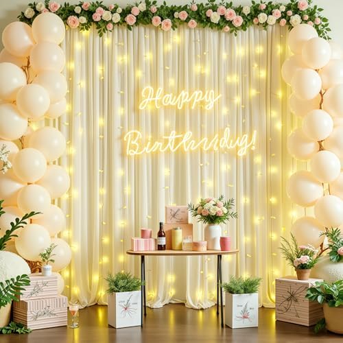 Beige Backdrop Curtains with Lights String for Parties,10x10FT Wrinkle Free Polyester Wedding Photo Backdrop Curtains for Baby Shower Birthday Ceremony Reception Home Party Decorations - Image 4